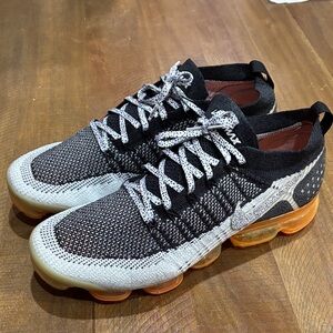Nike VaporMax Flyknit Air Max Black and Gray Sneakers with Orange Accents